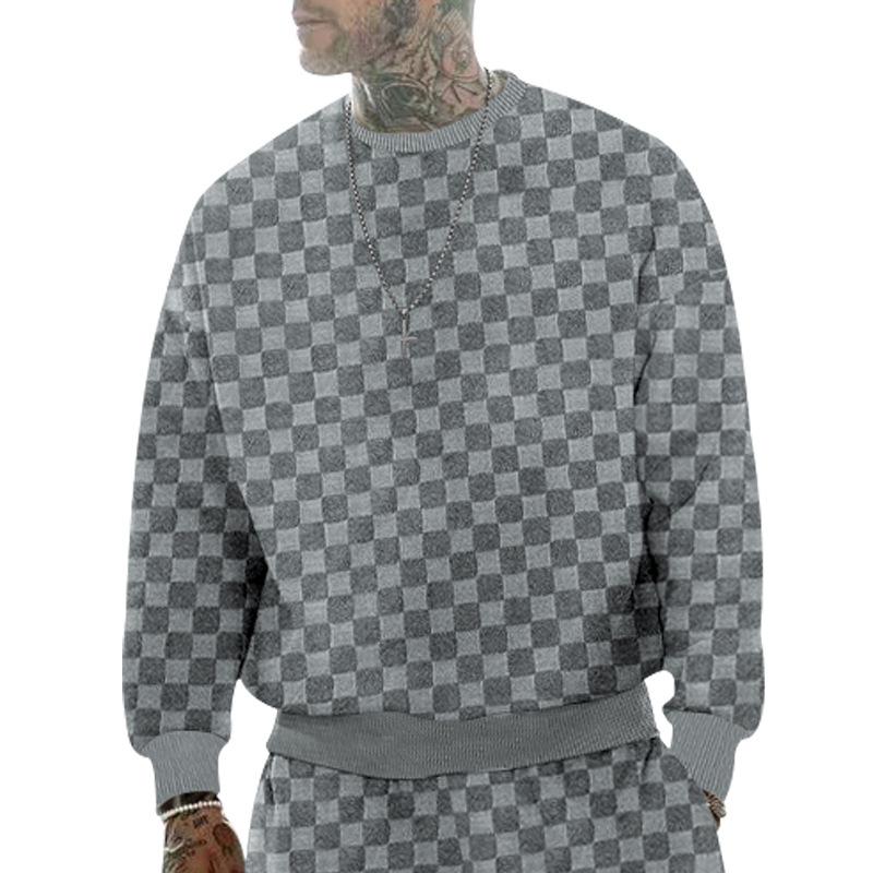 Men's Round Neck Jacquard Chessboard Base Layer Top Casual Long Sleeve Sweatshirts