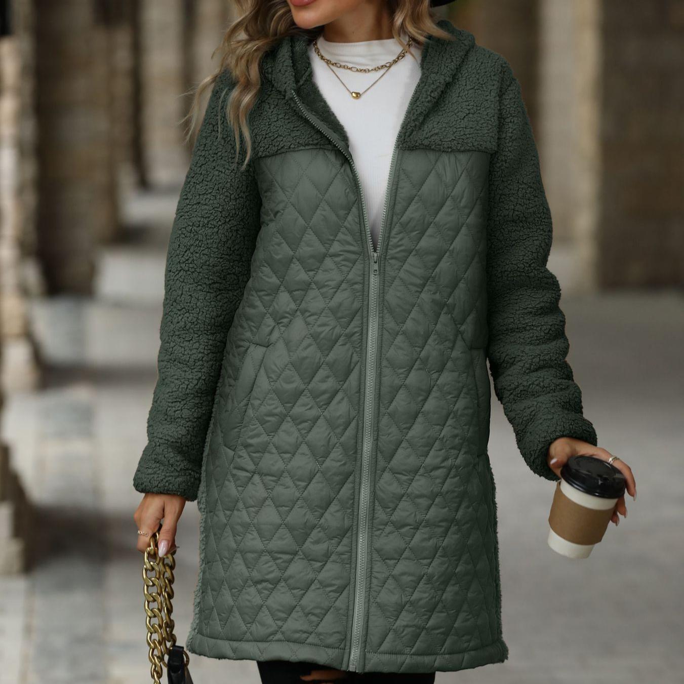 

Жіночі пухнасті флісові куртки з капюшоном і довгим кардиганом на блискавці Тепла зимова верхня куртка з кишенею Однотонна жіноча куртка зі штучного хутра великого розміру XXL армія зелений колір