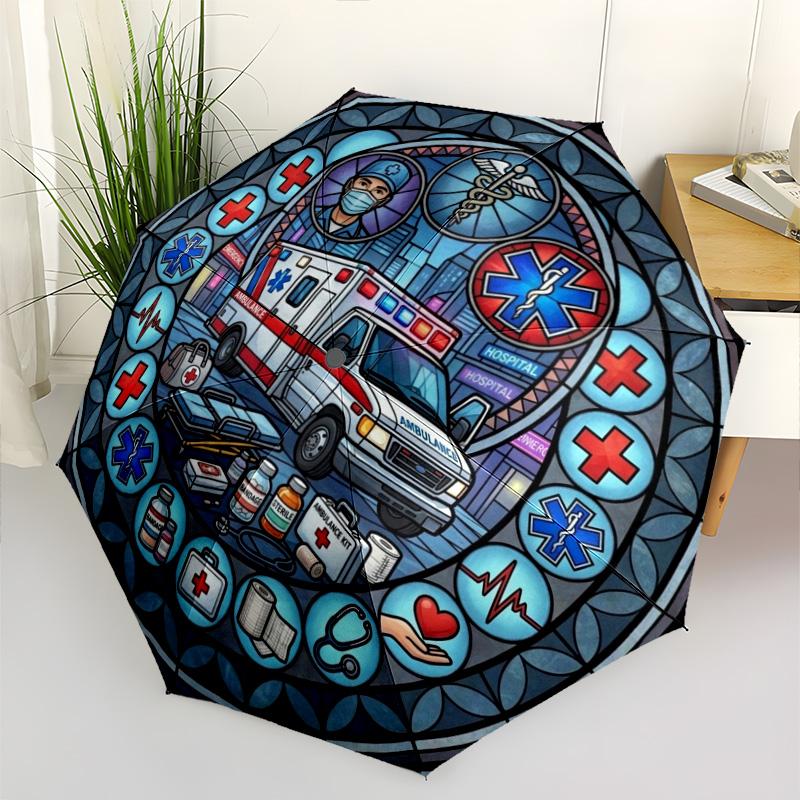 Emergency Medical Services pattern umbrella, portable and foldable design, 8 ribs, a casual accessory for Halloween, Christmas, and birthday gifts.