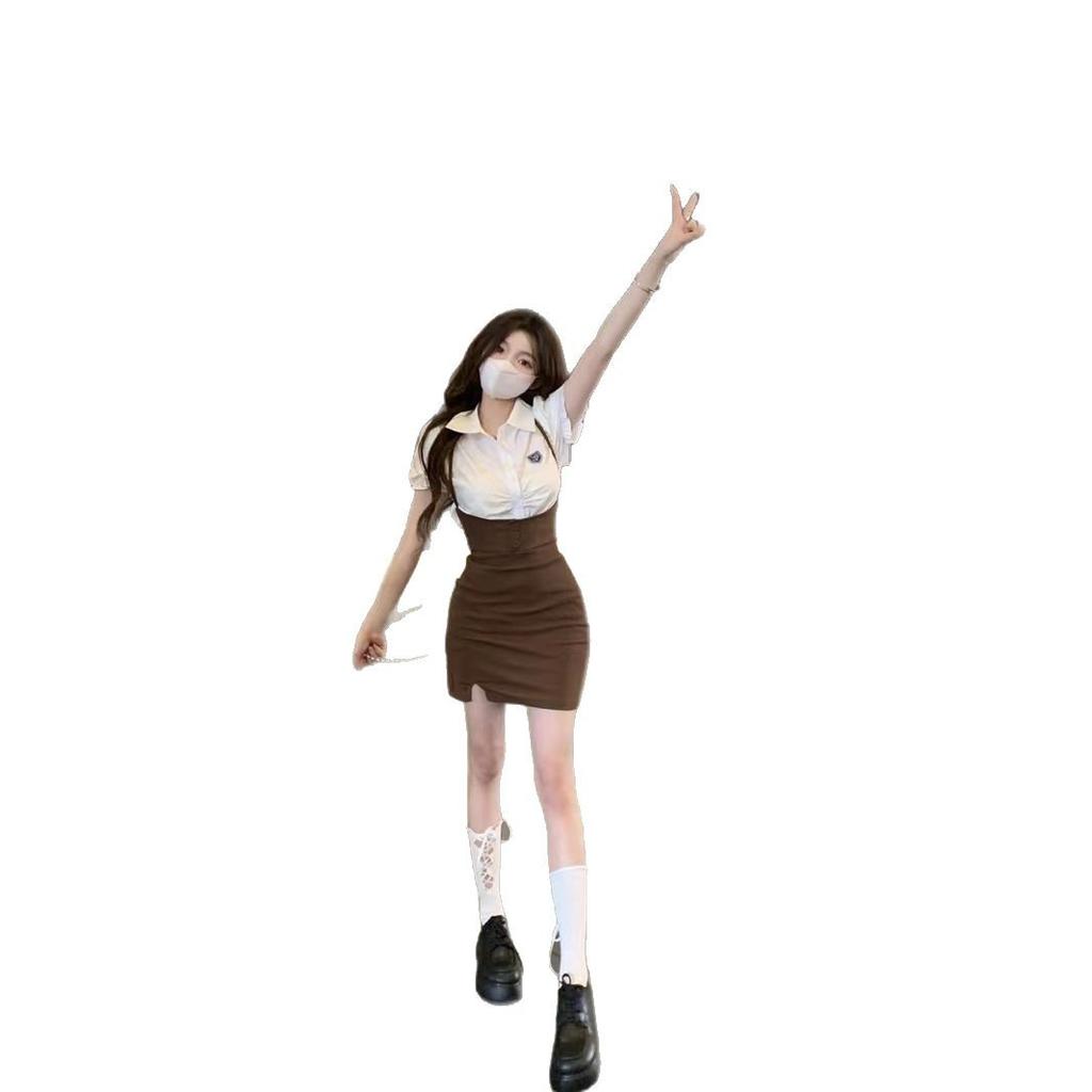 Summer Academy Style Small Strap Skirt Waist Sweet Spice Girl Short Skirt Chic Skirt Fake Two-piece Dress