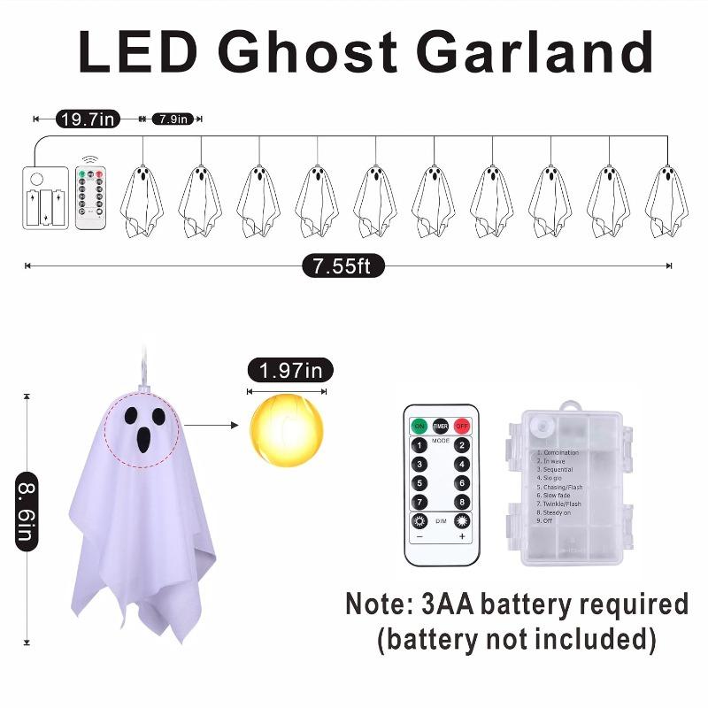 Haunted House Decor Halloween White Hanging Ghost Lights Horror Flying Ghost Props Glowing Spooky Ornaments for Halloween Party Outdoor Yard Decor