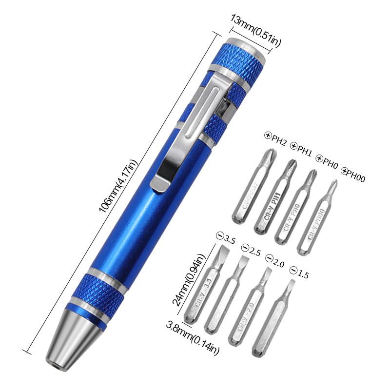 Magnetic 8-in-1 Pen-style Screwdriver with High-Density Bits