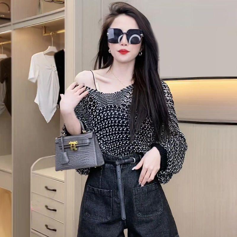 Velký netopýří rukáv Lesklý hedvábný Dírkovaný pletený svetr Tenké dámské Tričko na ochranu před sluncem Volný Jednobarevný Výstřih do V Pulovr Klimatizační tričko