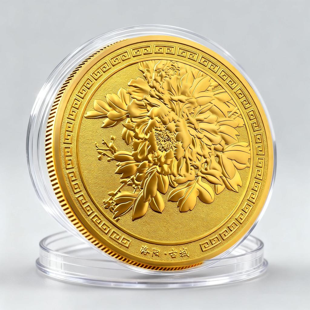 Luoyang Ancient City Metal Commemorative Coin, Peony Flower, Ancient Architecture Pattern Tourist Attraction Commemorative Medal, Cultural Creative
