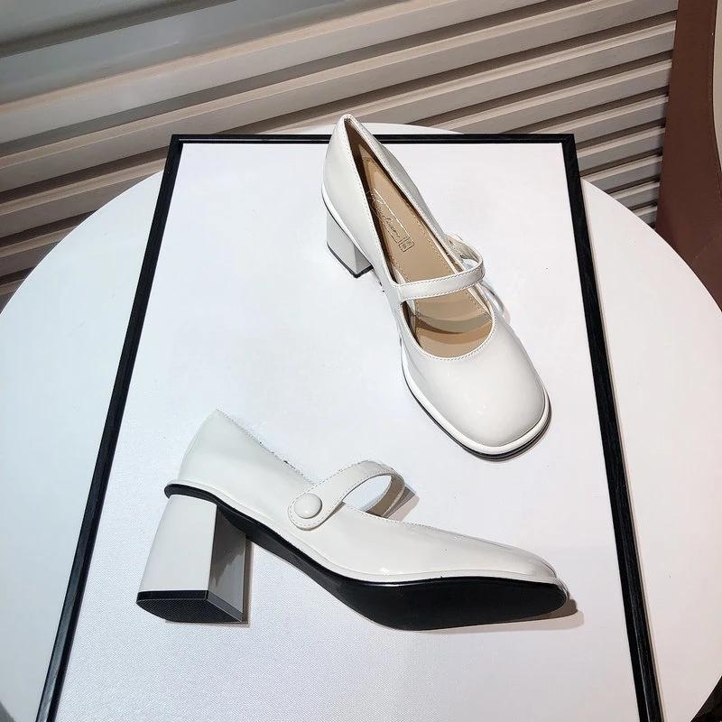 Fashion 2024 Spring Autumn Women Buckle  Shoes Leather Square Head Square Heel Solid Color Women's Shoes