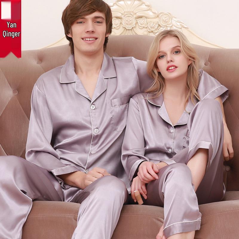 Silk Couple Pajama Set: Spring & Autumn, Long Sleeve, Plus Size, Casual Homewear for Men & Women