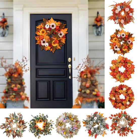 Podzimní věnec Umělá bílá dýně Javorový list Šiška Bobule Věnec Ručně vyrobený Selský věnec Podzimní dekorace