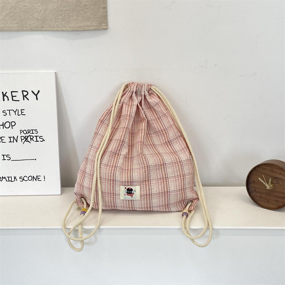 New Fashion Trend Drawstring Backpack Beaded Summer Plaid Canvas Backpack Simple