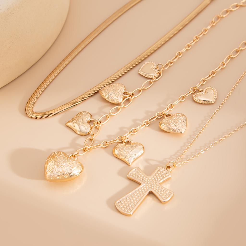 3pcs/set Cross Heart Pendant Necklace Herringbone Snake Chain Choker Accessories