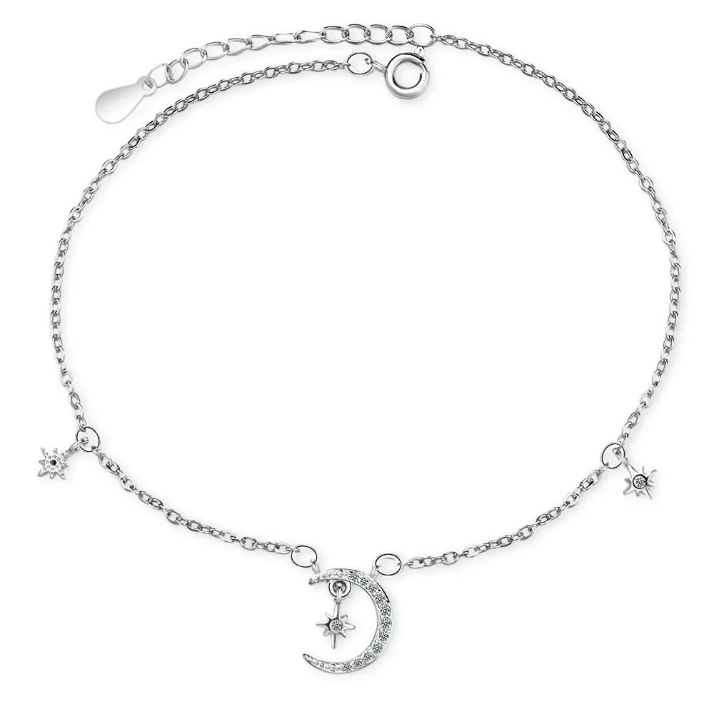Ins Simple Design  Sterling Silver Star Moon Anklets Bracelet for Women  Star Tassel CZ Zircon Chian Fashion