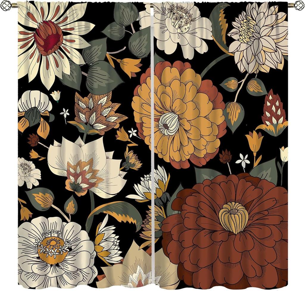 Bohemian Boho Floral Curtains Vintage Abstract Oil Painting Colourful Art Medieval Hippy Plant Flower Window Treatments Drapes Made Of Polyester