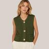 Damen V-Ausschnitt Ärmellose Strickweste mit Taschen Drei-Knopf Cardigan