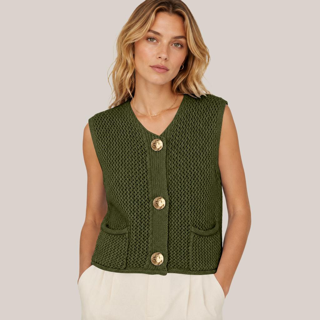 Damen V-Ausschnitt Ärmellose Strickweste mit Taschen Drei-Knopf Cardigan