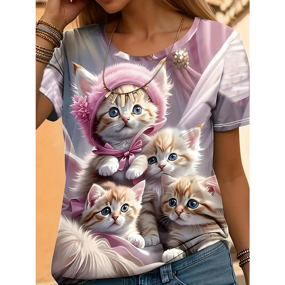 

Женская футболка с цветочным принтом - Дизайн с 3D-печатью в виде ромашек, Удобный короткий рукав с круглым вырезом, Ткань средней эластичности 6XL