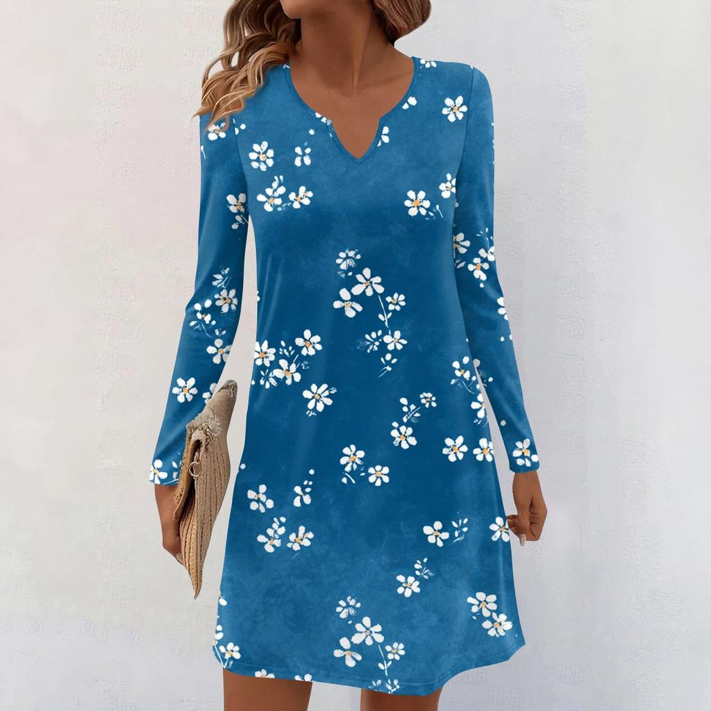 Women's Long-sleeved Casual Midi Dresses V-Neck Print  Casual Dress