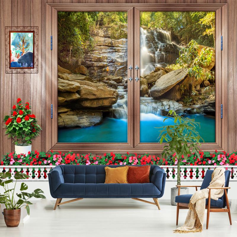 Simulation window tapestry forest mushroom tapestry scenery wall hanging flower mural art bedroom home decoration