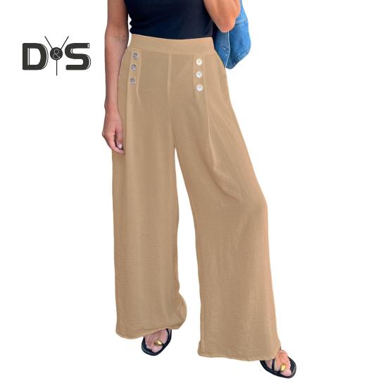Women's Wide-Leg Pants High Waist Button Decorated Pants Casual Loose Fit Trousers for Daily Wear Travel Office