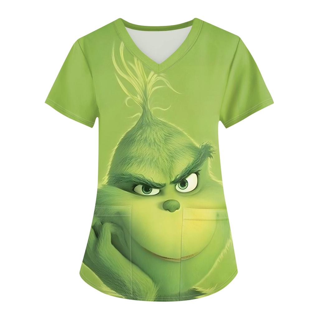 Women's Christmas Printing Uniform Work Uniform V-Neck Pocket Protective Work Uniform