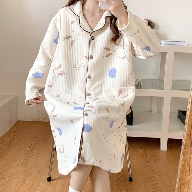 New Style Air Cotton Maternity Nursing Nightdress – Long Sleeve, Suitable for Autumn/Winter, Perfect for Postpartum/Breastfeeding
