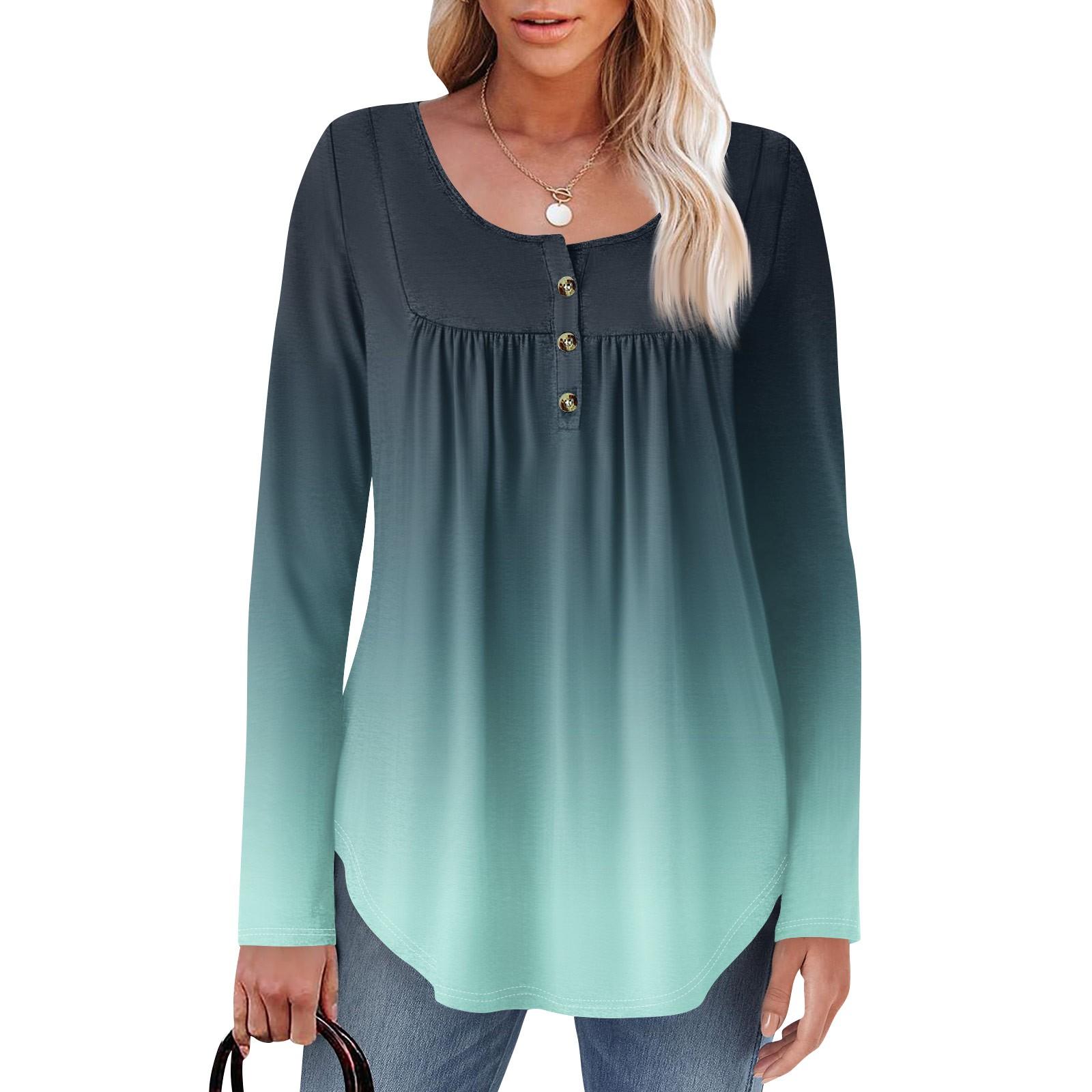 

Женская туника с длинным рукавом, свободные топы, повседневные топы оверсайз, плиссированная туника, застегивающаяся на пуговицы, повседневные женские топы с принтом M циан