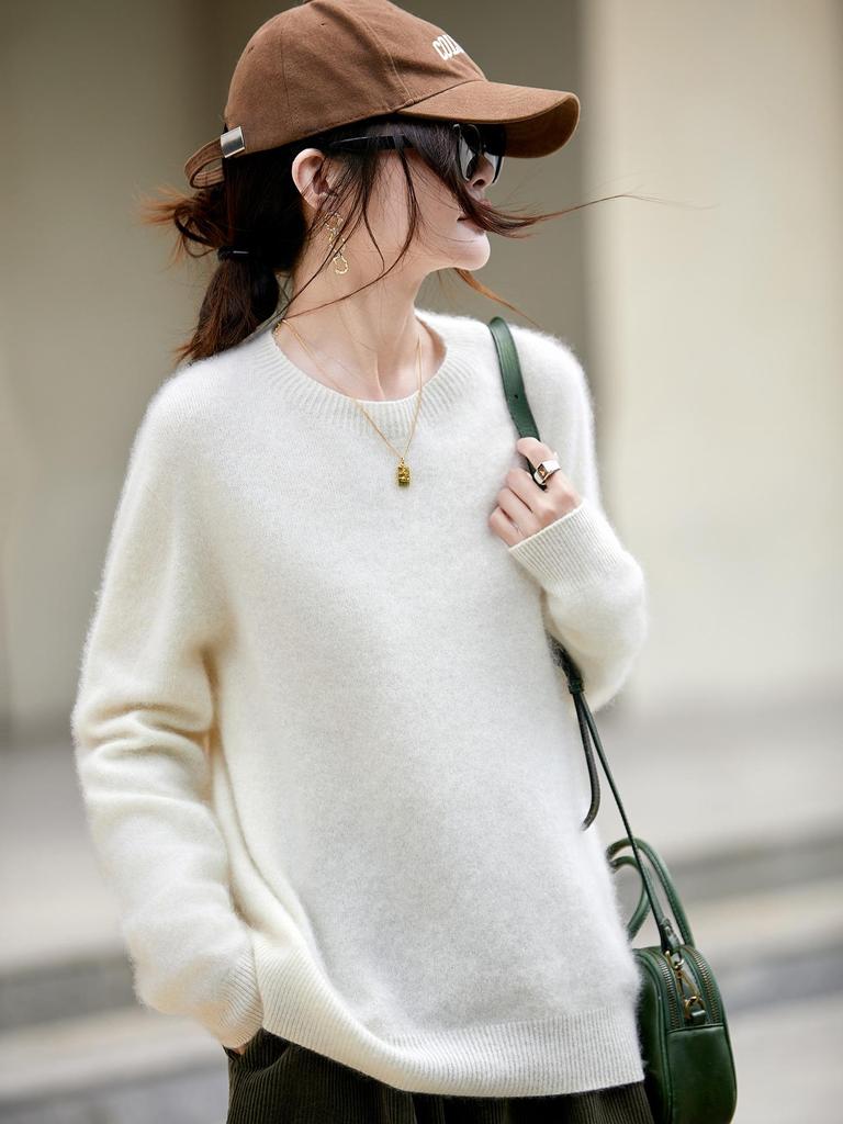 Women's Brushed Wool Round Neck Sweater - Autumn/Winter Cozy Cashmere Base Layer, Loose Fit, Lazy Style