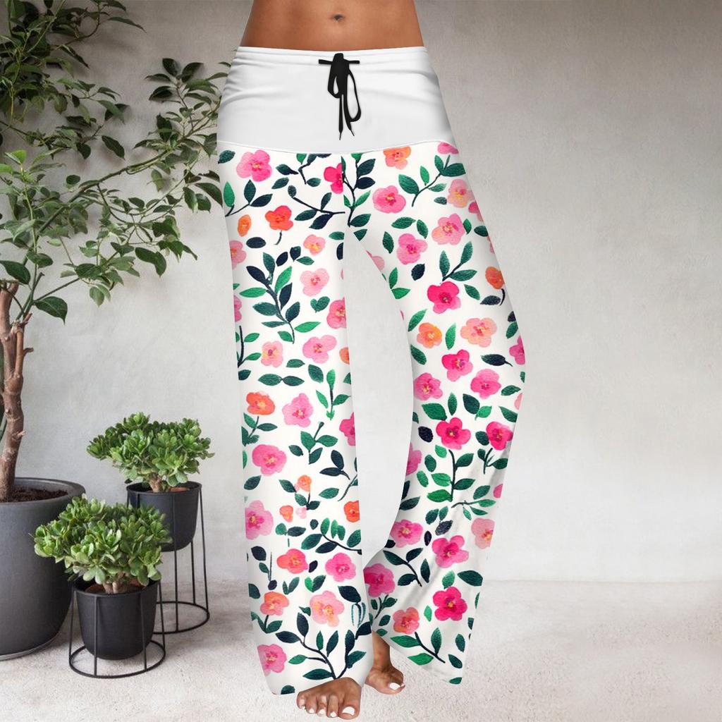 Women's Drawstring Elastic Waistband Wide Leg Color Matching Floral Printed Casual Pants