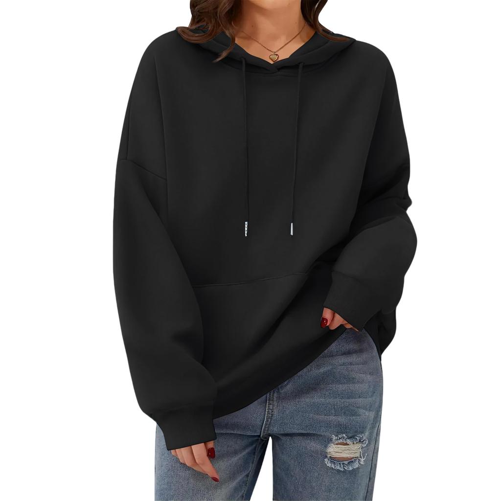 Women's Fashion Oversized Drop-Shoulder Long-Sleeved Sweatshirt Solid-Colour Hooded Sweatshirt