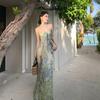 French beautiful tube top suspender dress summer fairy mesh printing temperament thin long seaside vacation dress