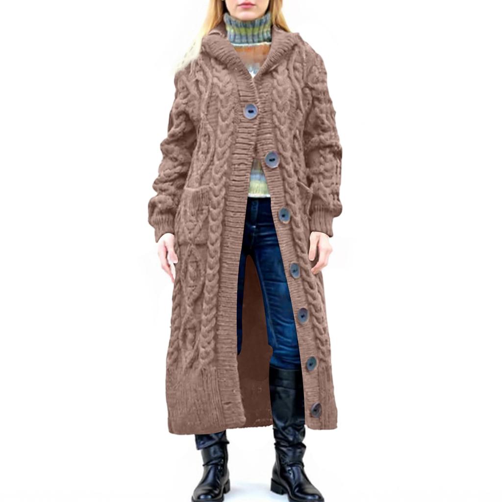 Women's Loose Button Pocket Cable Knitted Mid-length Coat