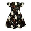 Girls Halloween Casual Dress Ruffle Sleeve Round Neck Patchwork Pattern Knee Length Dress for Kids