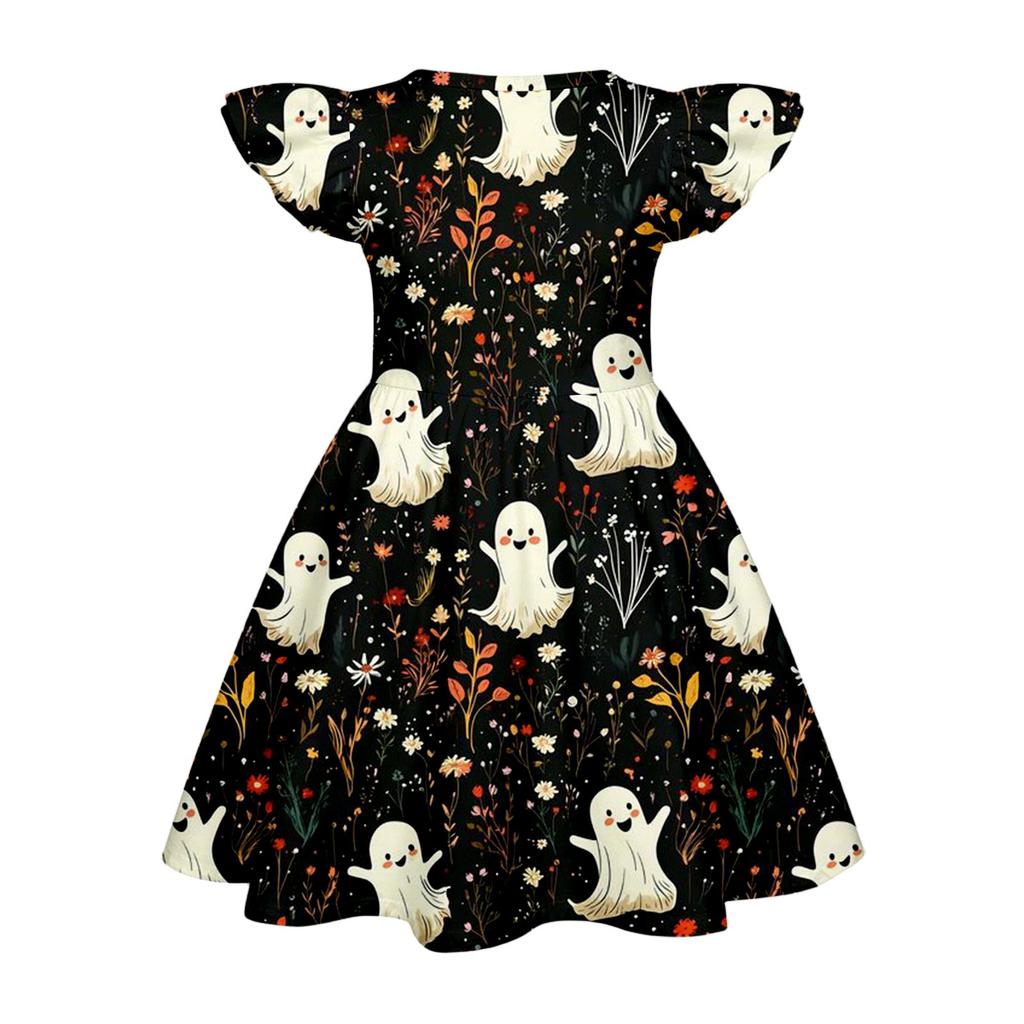 Girls Halloween Casual Dress Ruffle Sleeve Round Neck Patchwork Pattern Knee Length Dress for Kids