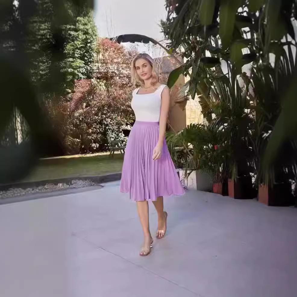 European & American Pleated Mid-Length Skirt – Elastic High Waist, Slimming Fit