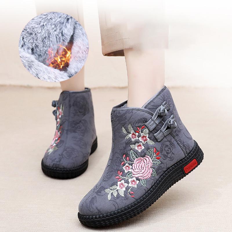 Thickened Floral Embroidery Women's Winter Boots Snow Boots Warm Shoes Mothers Shoes