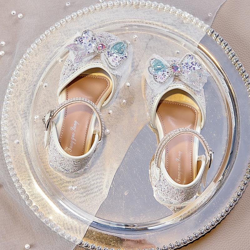 

Summer Girls Princess Sandals Kids Crystal Shoes Cute Low Heel Dress Shoes 36 бежевий