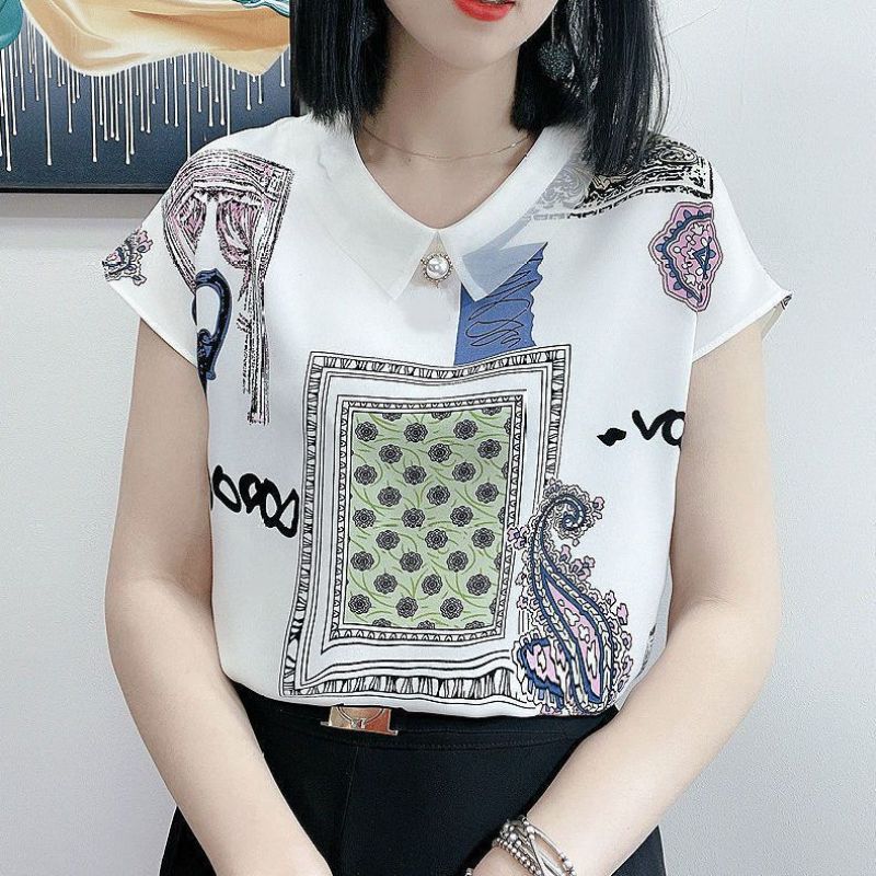 Women's Summer Chiffon Blouse POLO Collar Short Sleeve Printed Loose Plus Size Anti-see-through Casual Top