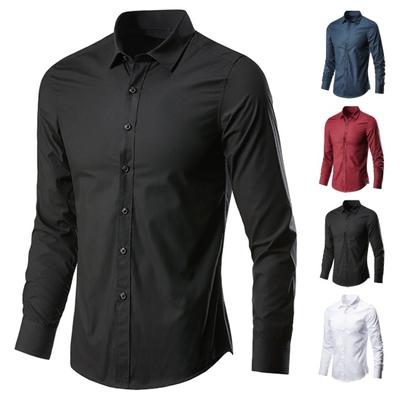 Men Shirt Turn-down Collar Long Sleeve Single-breasted Solid Color Stretchy Slim Fit Soft Breathable Plus Size Formal Business Style Mid Length