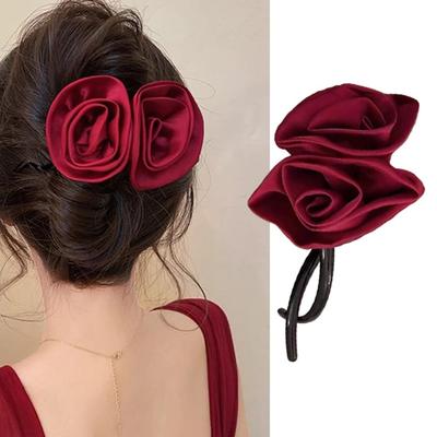 S.A.V.I Red Satin Rose Hair Clip for Women & Girls | Elegant Floral Hair Accessory for Weddings, Parties & Daily | Stylish Rose Design Claw Clip for
