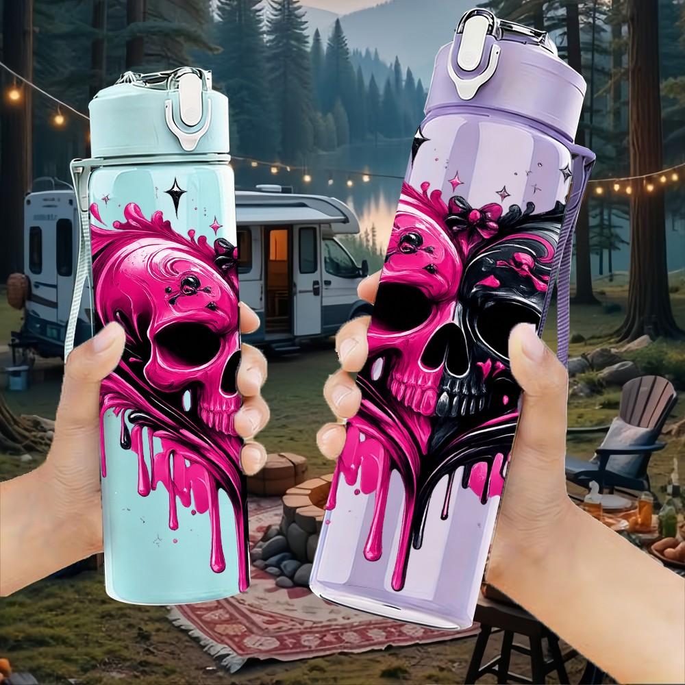 1PC Pink Heart Skull Gothic Splash Print 750ml Color Plastic Sports Water Bottle Leakproof Flip Straw Lid Suitable for Sports Office Home Use