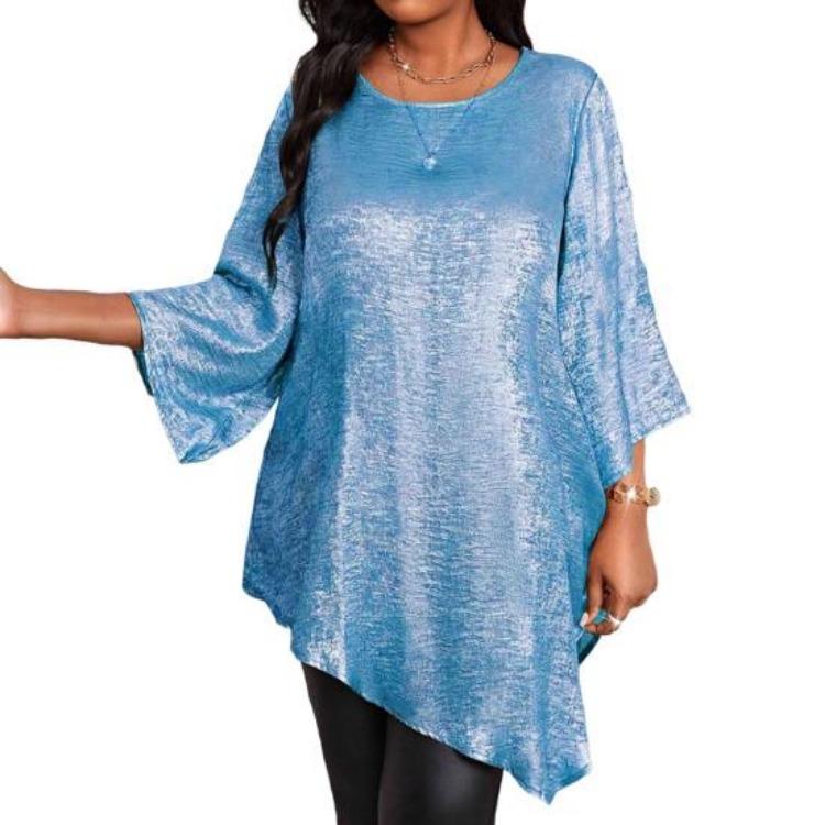 Sparkling Irregular Hem Blouse Women Loose Fit Round Neck Tee Shirt Ninth Length Sleeve Mid Top Daily Wear