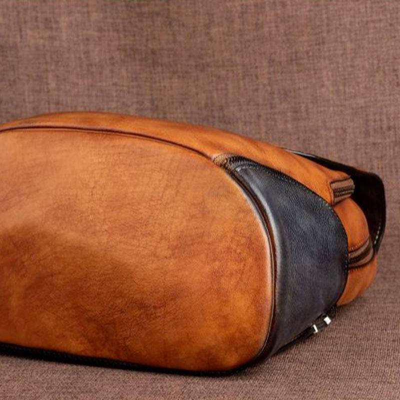 Johnature Retro ryggsekk i ekte skinn Dameveske Håndlaget preging Naturlig kuskinn Reisevesker med stor kapasitet