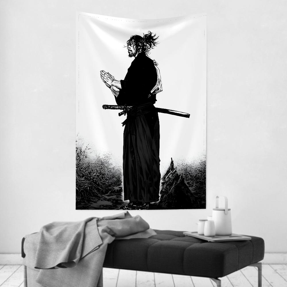 Monochrome Samurai Spirit Tapestry Sketch-Style Warrior Wall Art For Party Backdrop Aesthetic Living Room Decor Anime Tapestry