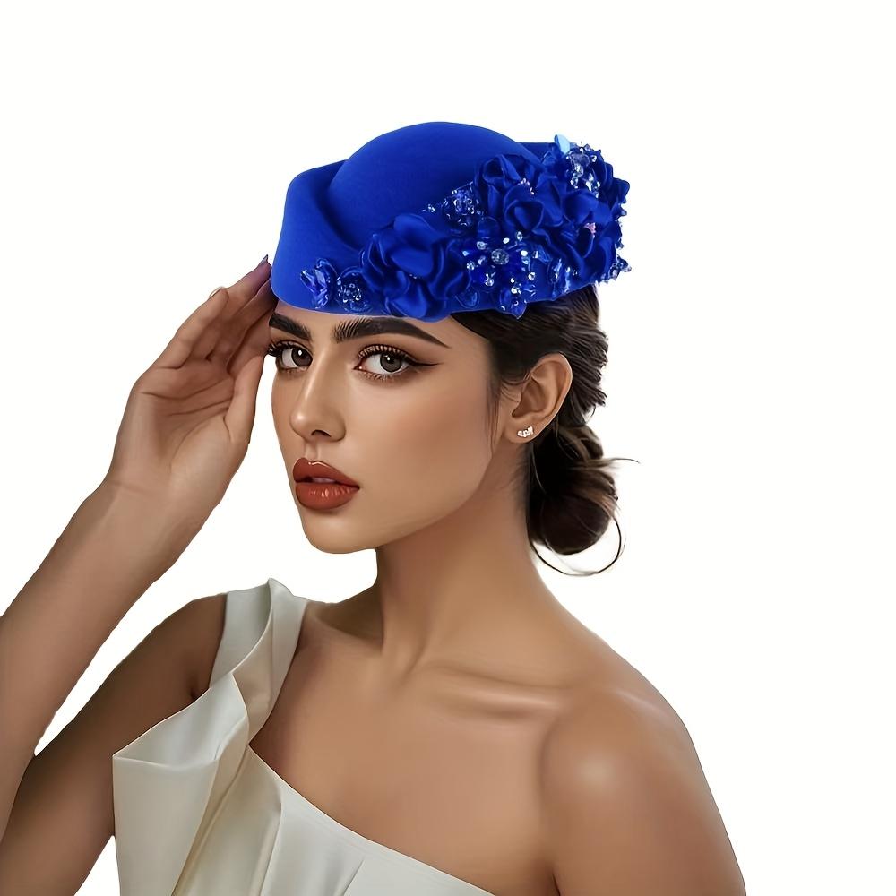 

Элегантный берет в британском стиле с цветочным узором из стразов для женщин | Винтажная шапочка с блестящими розовыми и белыми цветами, без эластичности, только ручная стирка королевский синий