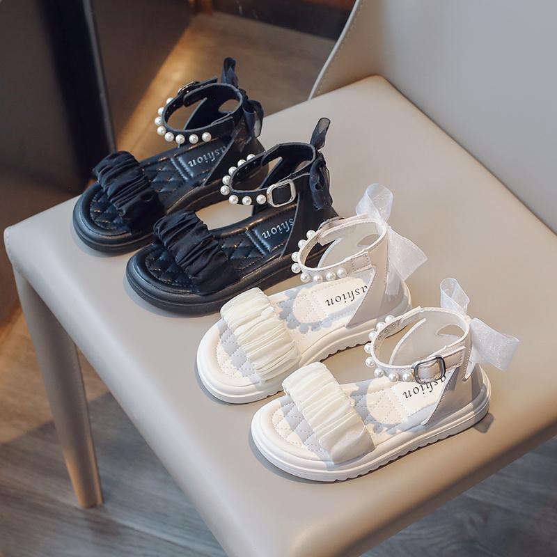 Girls Princess Sandals with Pearls Children Summer Beach Shoes Soft Soles Fashion Kids Bow-knot Gladiator Sandals Size 26-37