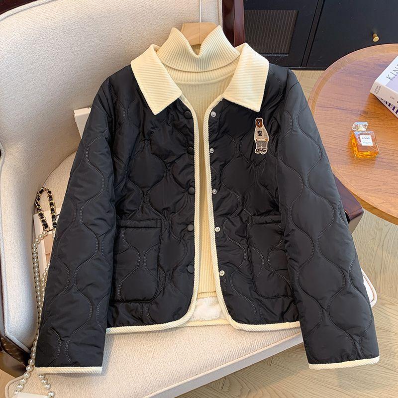 Cute Bear Embroidery and Stylish Contrasting Collar On Women's Cotton Jacket, Keeping You Warm and Trendy In Winter