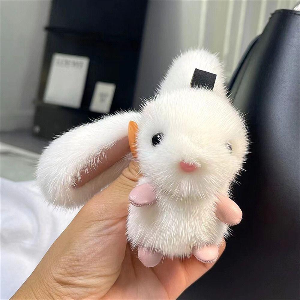 Kawaii Bunny Stuffed Keyring Stuffed Animal Furry Doll Pompom Bag Charm Car Trinket Plush Doll Key Pendant Rabbit Fur Keychain