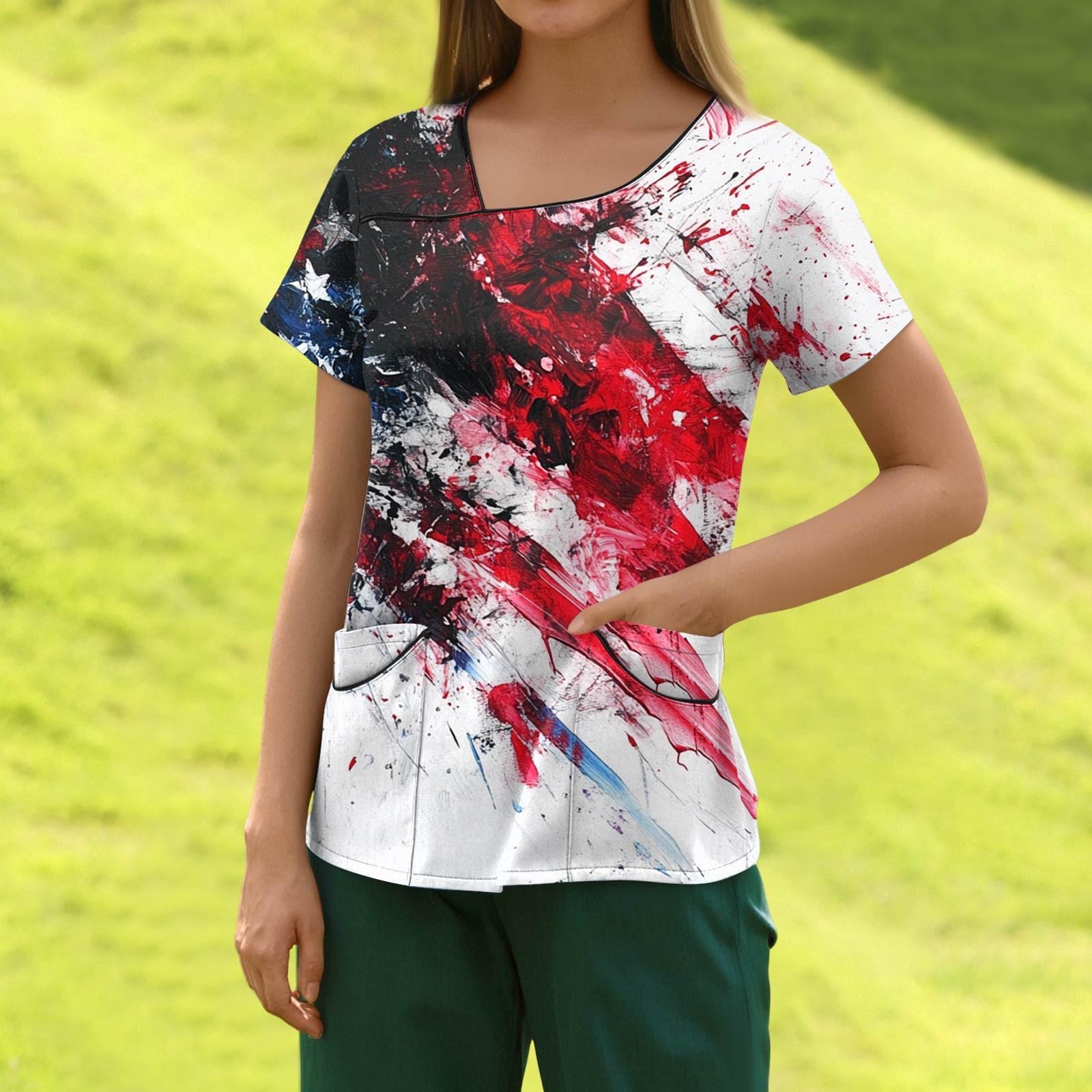 

Women s Fashion Independence Day Printed Short Sleeve Overalls With Pocket Top S винний