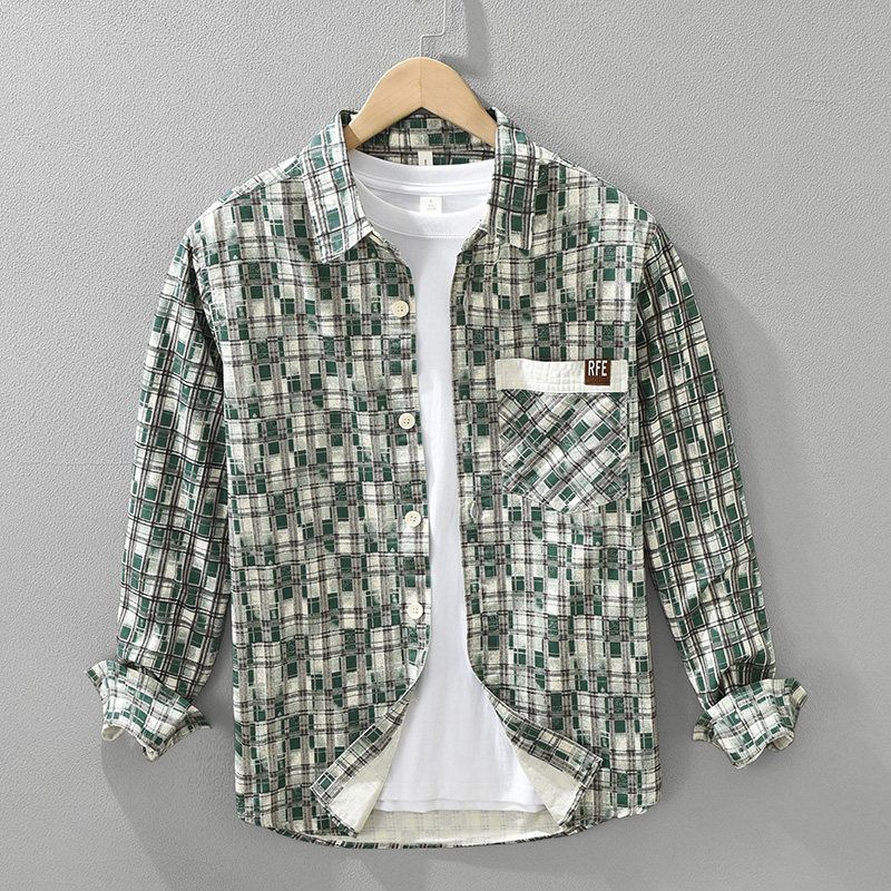 New Japanese-Style Artistic Printed Plaid Long-Sleeve Shirt for Men, Hong Kong Style Trendy Light Luxury High-End Casual Jacket