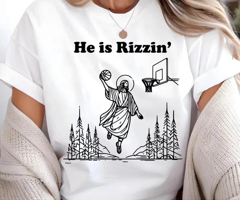 Funny Jesus Basketball T-Shirt, He Is Rizzin Tee, Christian Easter Shirt, Faith 2XL