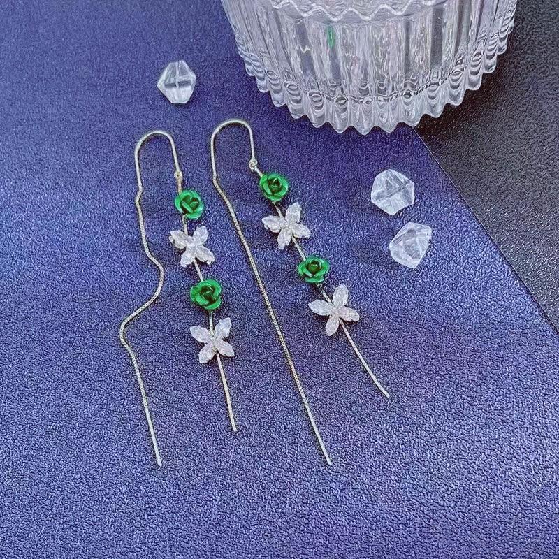 Elegant Green Rose Butterfly Tassel Earrings