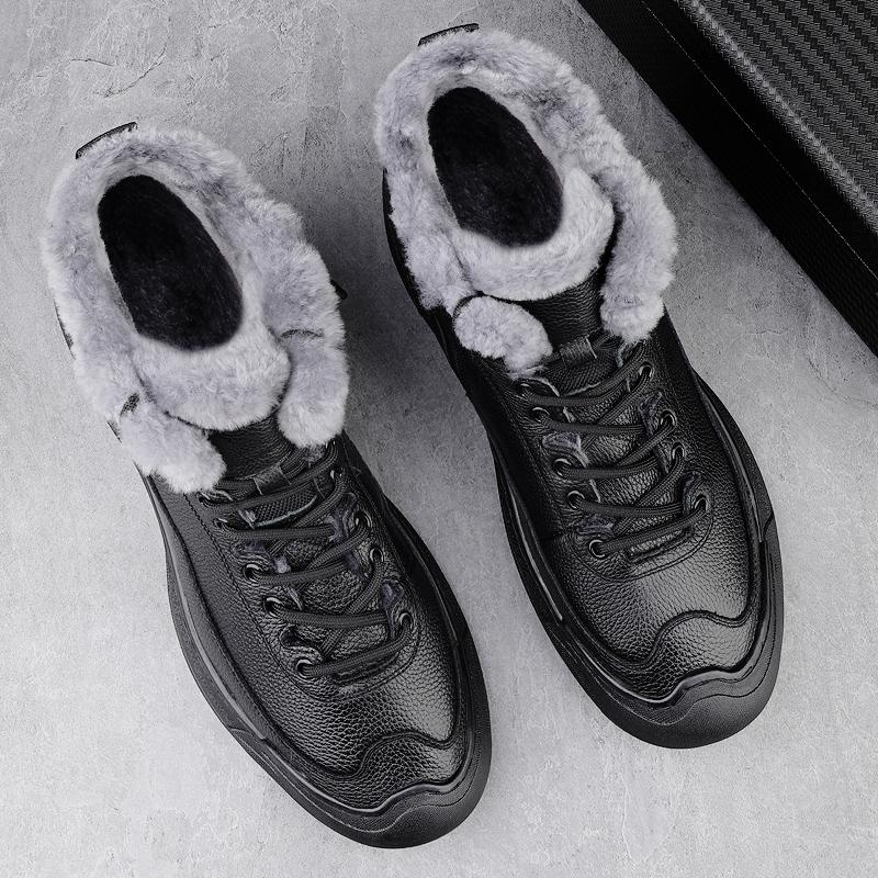 Non-Slip Men Lace-Up High Top Shoes New Genuine Leather Casual Shoes Man Motorcycle Boots Fashion Hiking Winter Plush Snow Botas